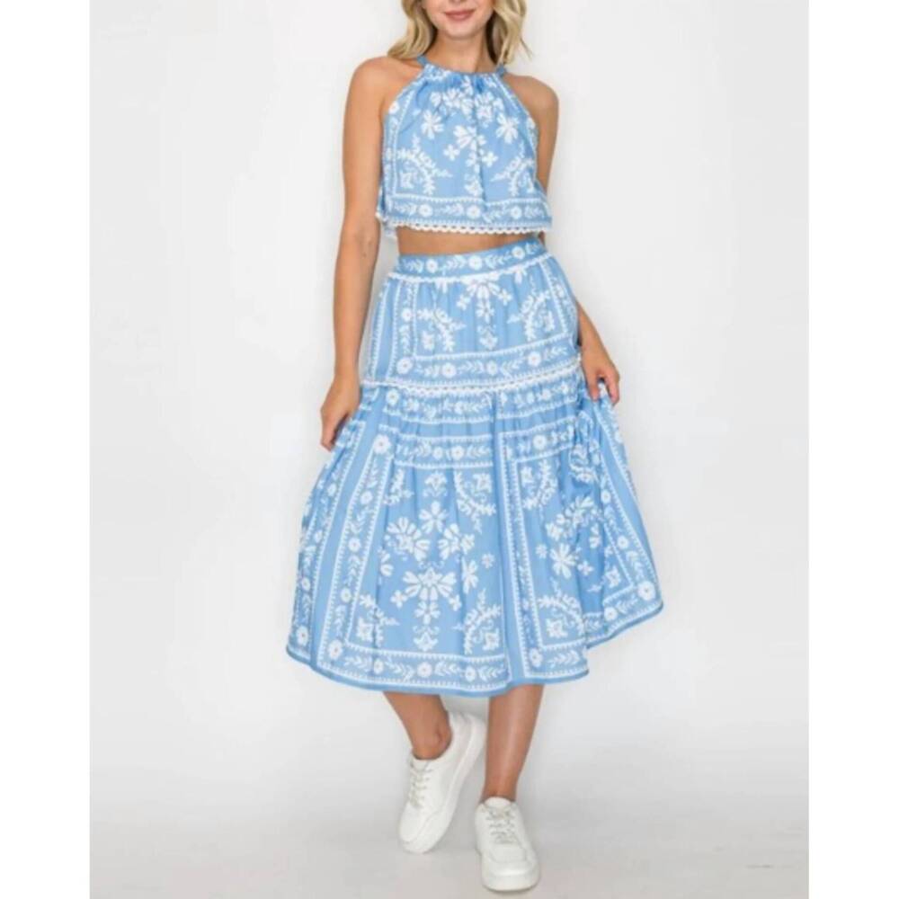 NEW LOVE WEDNESDAY placement print halter top & skirt set in blue/ whites